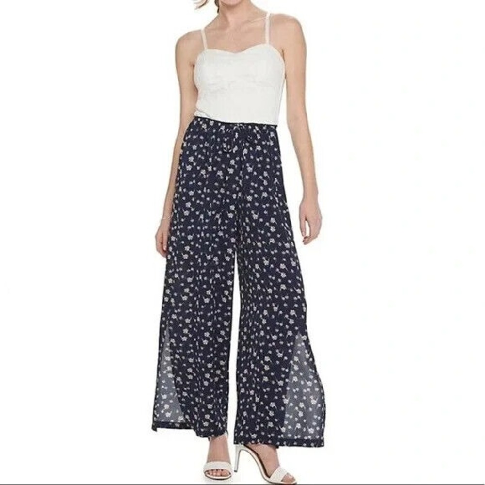 Candies Woman's White Lace & Blue Floral Wide Leg Jumpsuit Slits Y2K 90s Cottage